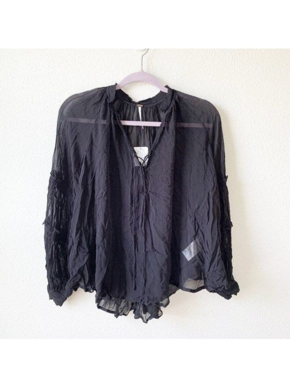 Free People Black Sheer Balloon Sleeve Blouse Women's X-Small XS NWT